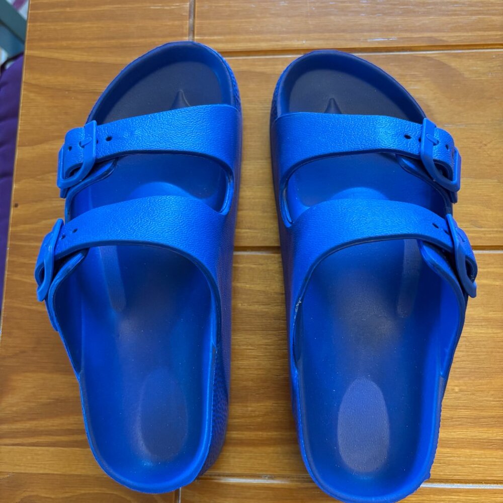 FUNKYMONKEY Unisex-Child Slides Double Buckle Adjustable EVA Flat Sandals Blue